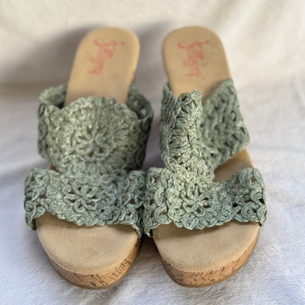 Jelly Pop Tan‎ Cork Wedge Sandals Size 10M Open Toe with Blue Crochet Strap